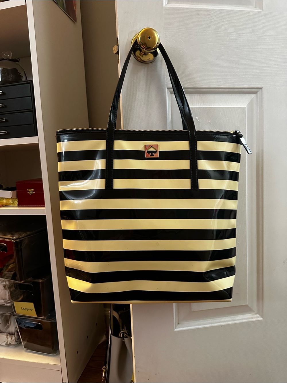 Kate Spade Black & Cream Striped patent leather Tote Bag